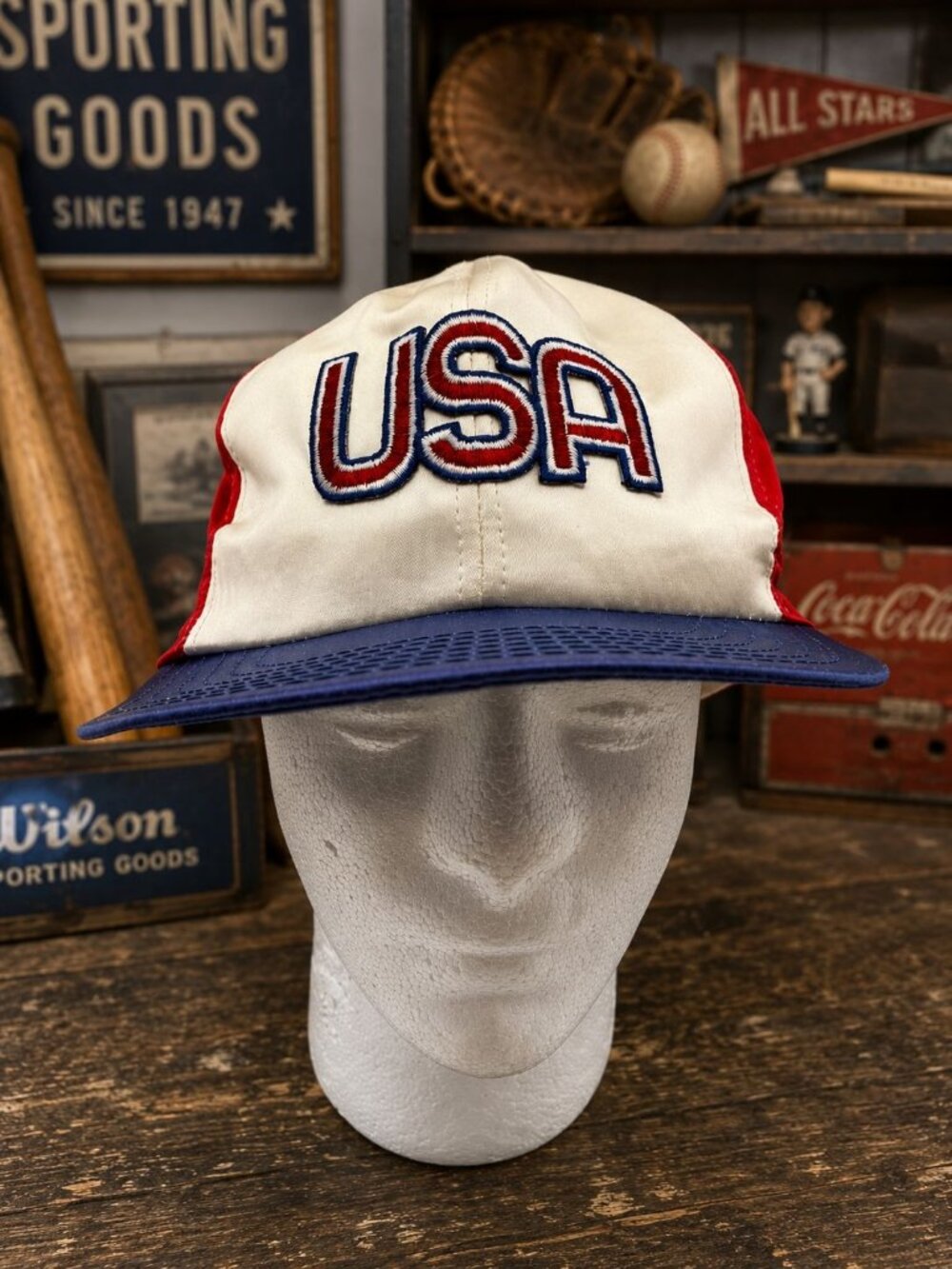Vintage Patriotic USA Mens Baseball Cap Red/White/Blue Nylon Adjustable Snapback